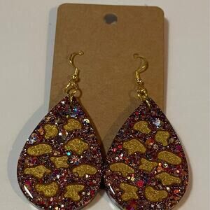 Handmade epoxy resin teardrop earrings - multi color glitter w/ gold cowprint
